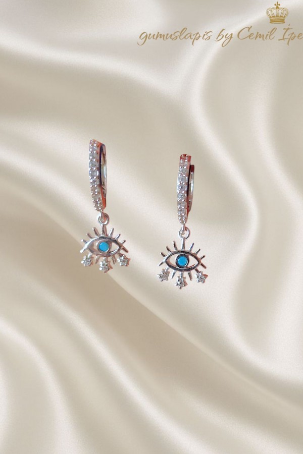 Turkuaz Taşlı Göz Motif Gümüş Mini Küpe Çifti 
