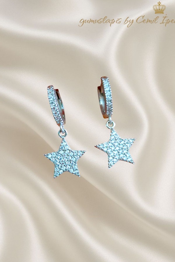 Büyük Boy Yıldız Motif Gümüş Küpe Çifti 