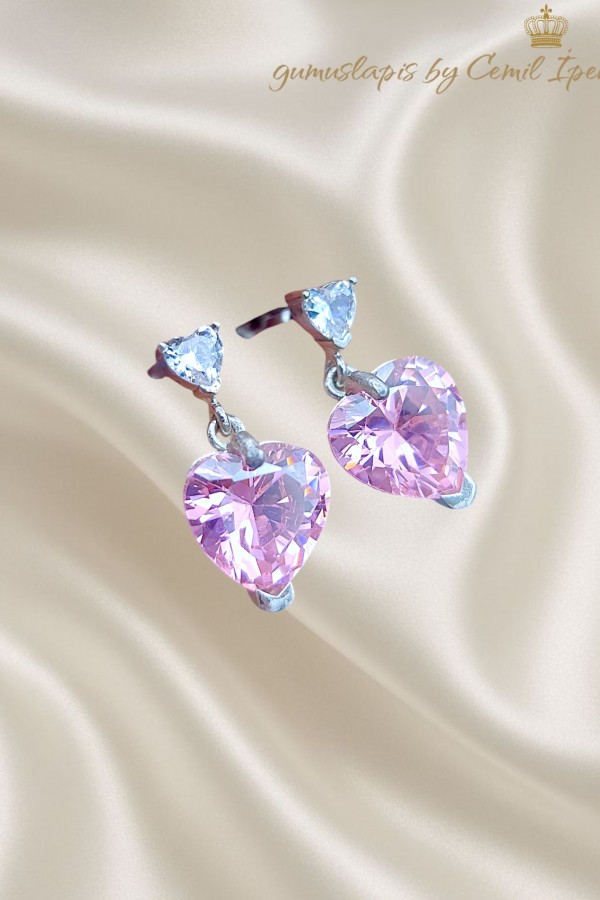 Morganit Taşlı Kalp Motif Gümüş Küpe Çifti 