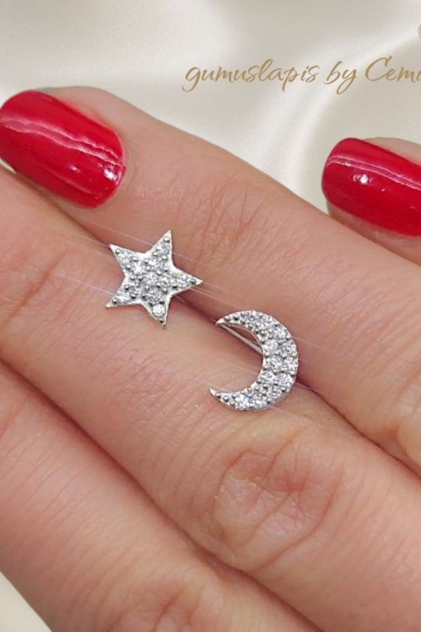 Ay Yıldız Motif Gümüş Küpe Çifti