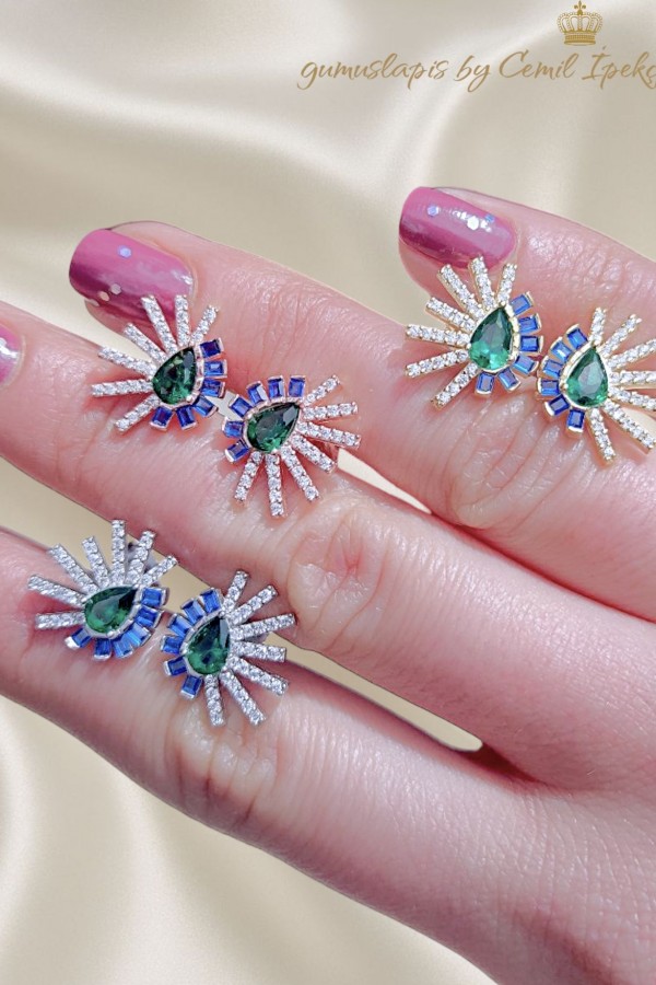 Safir ve Peridot Taşlı Gümüş Küpe Çifti Serisi