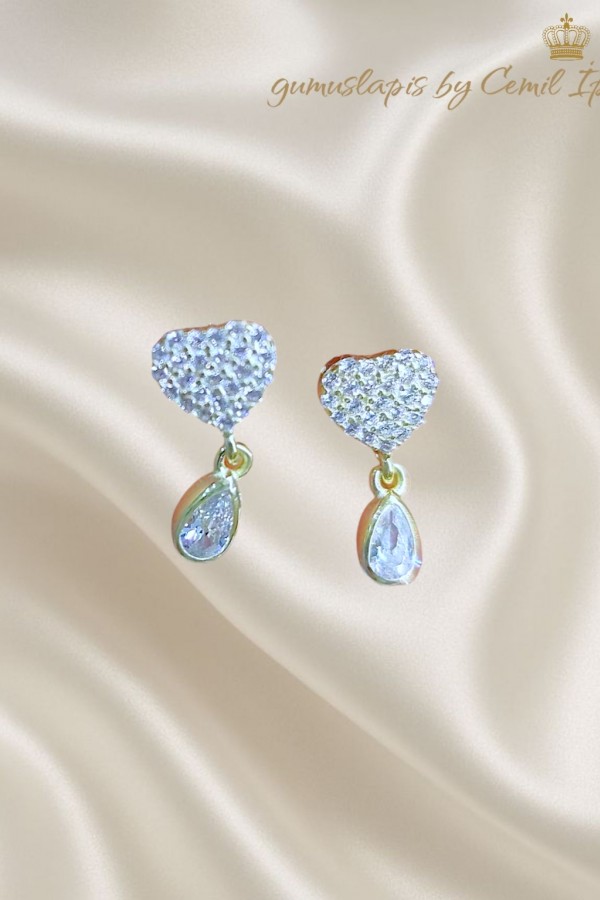 Kalp ve Damla Motif Gümüş Mini Küpe Çifti