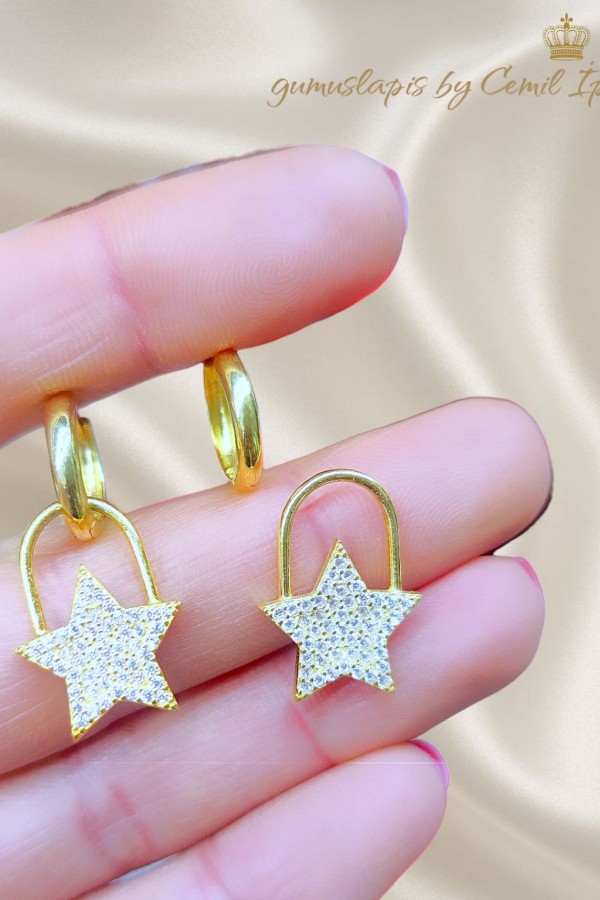 Yıldız Motif Büyük Boy Gümüş Küpe Çifti