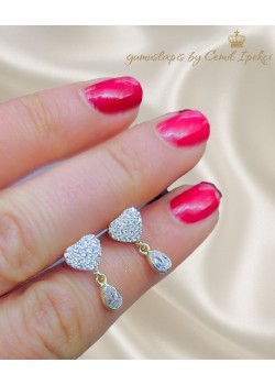 Kalp ve Damla Motif Gümüş Mini Küpe Çifti