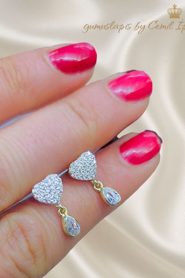 Kalp ve Damla Motif Gümüş Mini Küpe Çifti