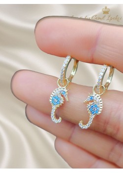 Deniz Atı Motif Gümüş Sarı Küpe Çifti