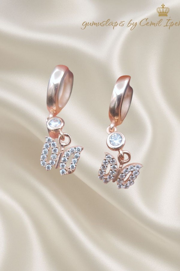 Kelebek Motif Sallantılı Gümüş Küpe Çifti 