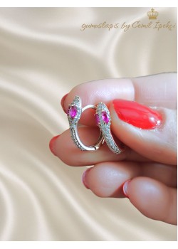 Yakut Taşlı Yılan Motif Gümüş Halka Küpe Çifti 