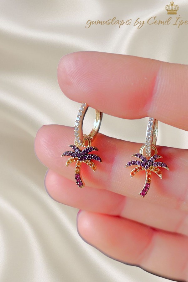 Palmiye Motif Gümüş Küpe