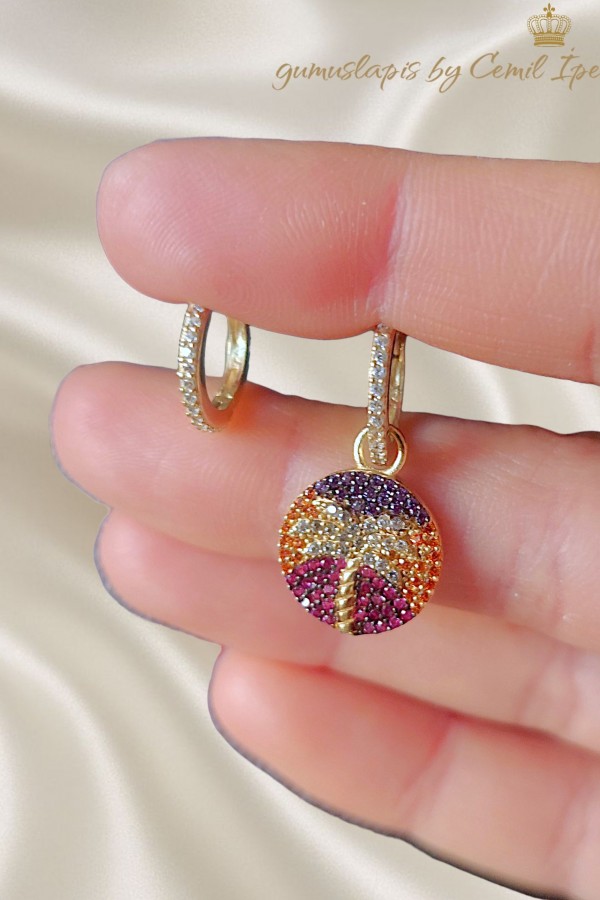 Tek Tarafı Palmiye Motif Gümüş Halka Küpe