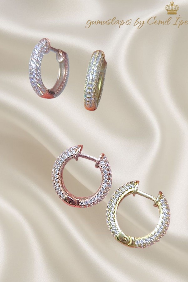 Taşlı Gümüş Halka Küpe Çifti Serisi