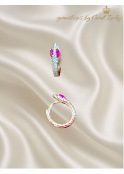 Yakut Taşlı Yılan Motif Gümüş Halka Küpe Çifti 