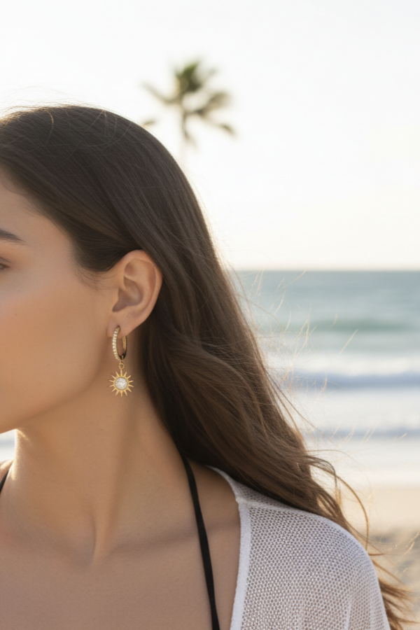 Güneş Motif Altın Kaplama Gümüş Halka Küpe