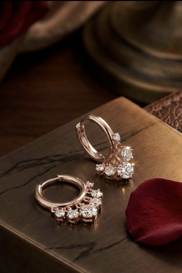 Yuvarlak Taşlı Büyük Boy Rose Kaplama Sallantılı Gümüş Halka Küpe