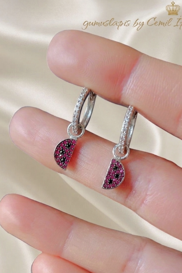 Karpuz ve Elma Motif Yakut Taşlı Gümüş Küpe Çifti Serisi