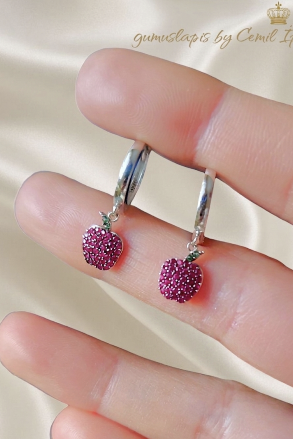 Karpuz ve Elma Motif Yakut Taşlı Gümüş Küpe Çifti Serisi