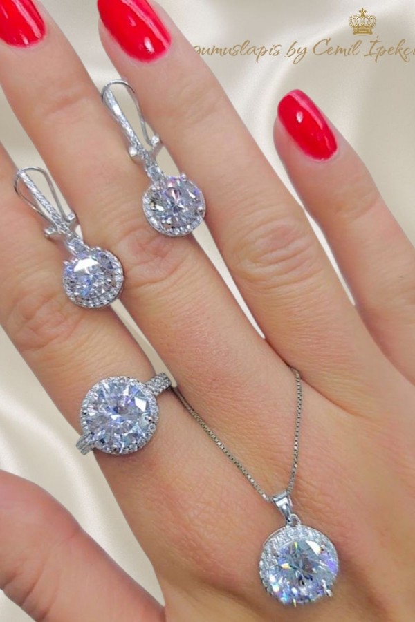 Laboratuvar Pırlantası Taşlı İri Gümüş Set 