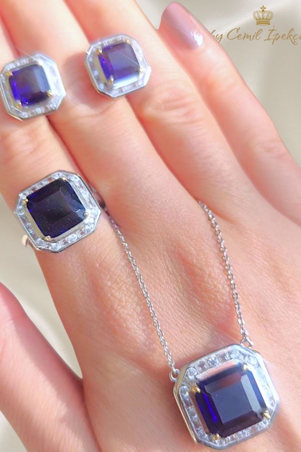 Ametist Taşlı Kare Motif Gümüş Set 