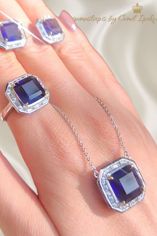 Ametist Taşlı Kare Motif Gümüş Set 