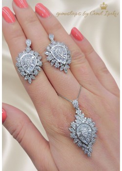 Laboratuvar Pırlantası Taşlı İri Damla Gümüş Set