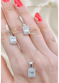 Dikdörtgen Motif Baget Taşlı Gümüş Set 