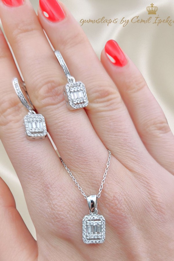 Dikdörtgen Motif Baget Taşlı Gümüş Set 