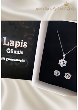 Baget Taşlı Çiçek Motif Gümüş İkili Set
