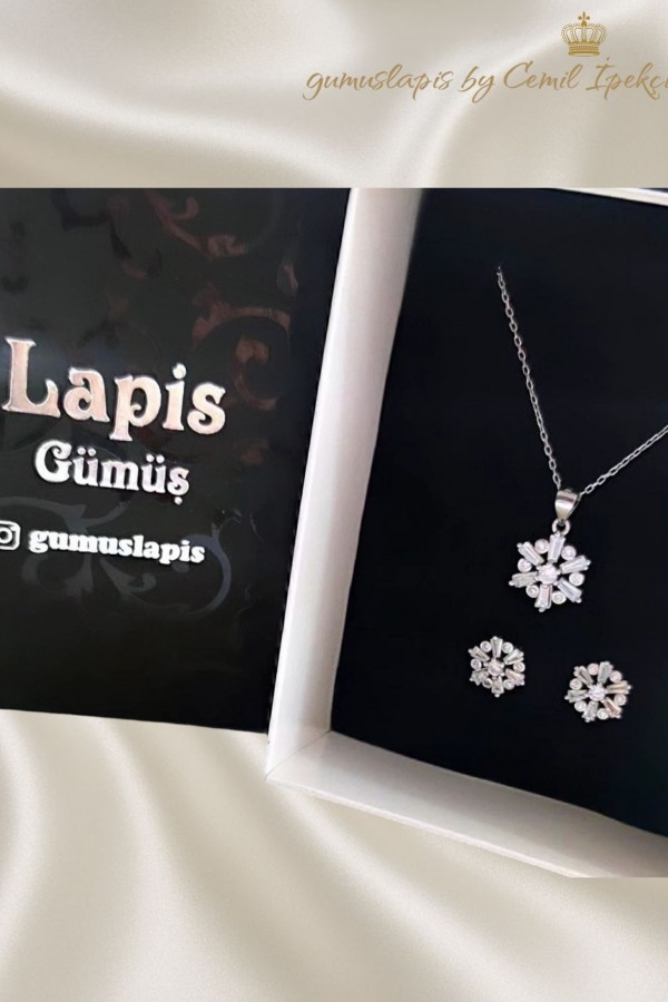 Baget Taşlı Çiçek Motif Gümüş İkili Set