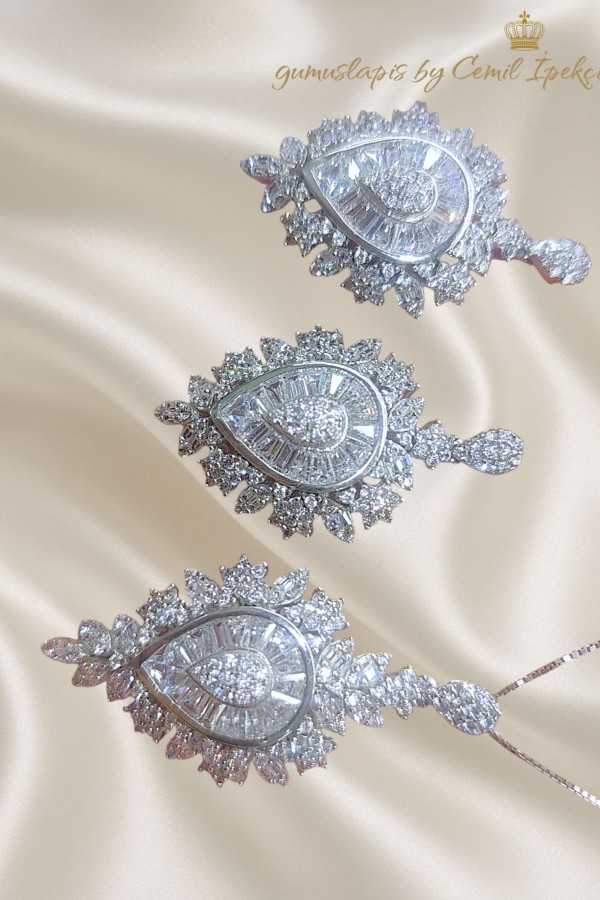 Laboratuvar Pırlantası Taşlı İri Damla Gümüş Set