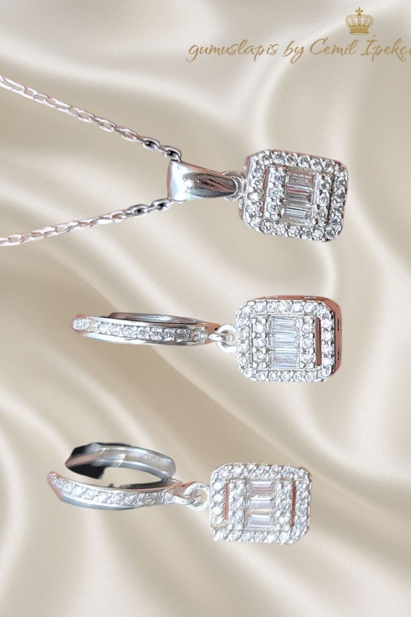 Dikdörtgen Motif Baget Taşlı Gümüş Set 