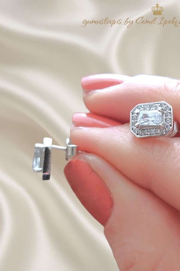 Laboratuvar Pırlantası Taşlı Baget Kesim Mini Gümüş Set 