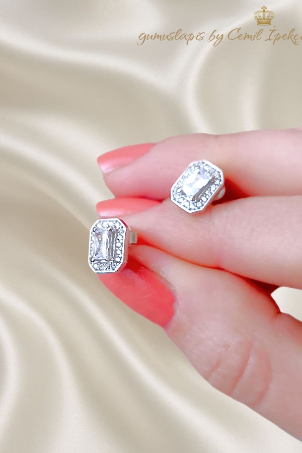 Laboratuvar Pırlantası Taşlı Baget Kesim Mini Gümüş Set 