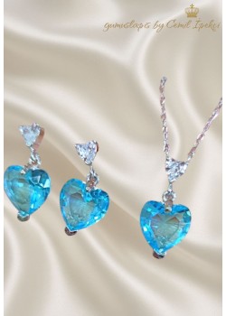 Mavi Lab Topaz Taşlı Kalp Motif Gümüş Set