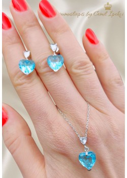 Mavi Lab Topaz Taşlı Kalp Motif Gümüş Set
