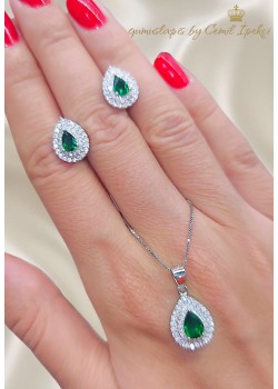 Peridot Taşlı Damla Motif Gümüş Set