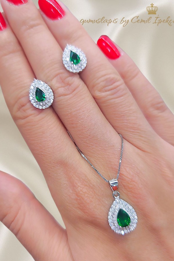 Peridot Taşlı Damla Motif Gümüş Set