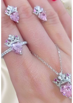 Morganit Taşlı Taç ve Kalp Motif Gümüş Set