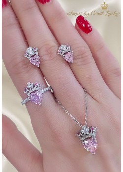 Morganit Taşlı Taç ve Kalp Motif Gümüş Set