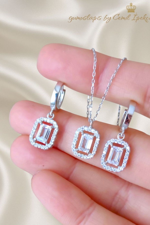 Laboratuvar Pırlantası Taşlı Gümüş Set 