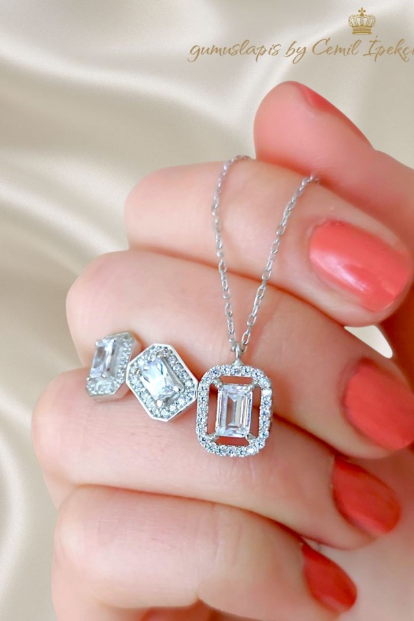 Laboratuvar Pırlantası Taşlı Gümüş Set