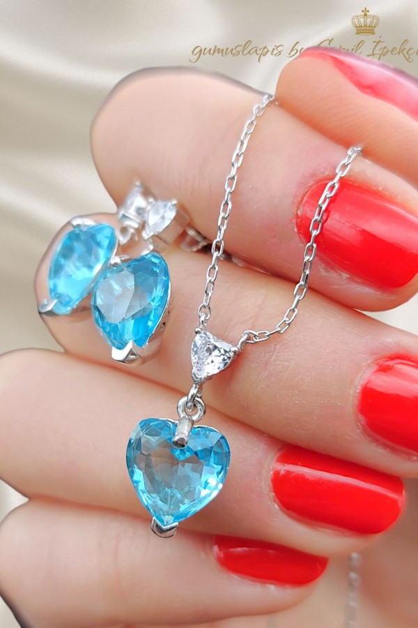 Mavi Lab Topaz Taşlı Kalp Motif Gümüş Set