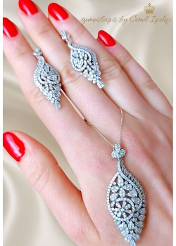 Baget Taşlı Çiçek Motif Gümüş Set