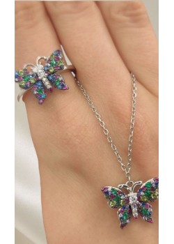 Renkli Taşlarla Süslü Kelebek Motif Gümüş Set