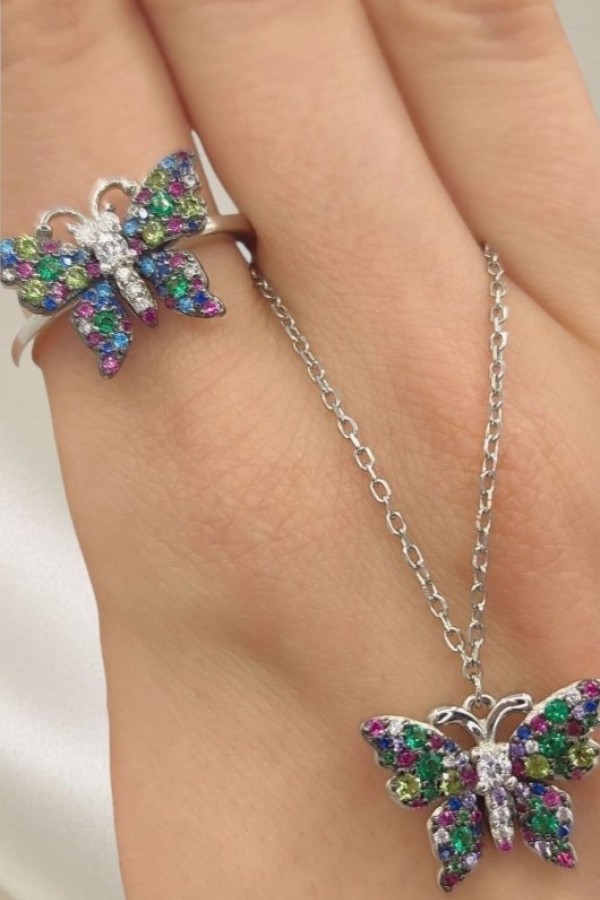 Renkli Taşlarla Süslü Kelebek Motif Gümüş Set