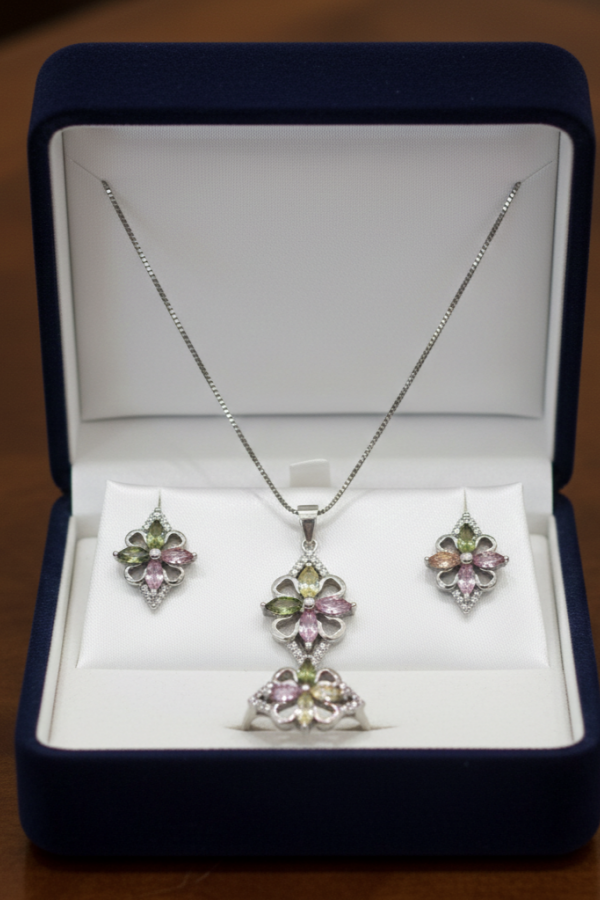 Peridot Morganit Lab Topaz ve Ametist Taşlı Gümüş Set