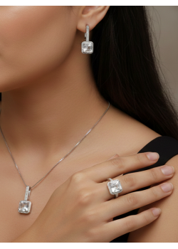 Mini Kare Motif Taşlı Gümüş Set