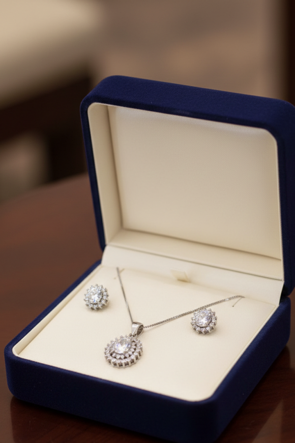 Oval Motif Taşlı Gümüş Set