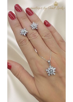 Baget Taşlı Çiçek Motif Gümüş İkili Set