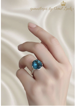 İri Yuvarlak Lab Topaz, Safir ve Rutil Kuvars Taşlı Gümüş Yüzük Serisi