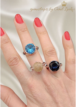 İri Yuvarlak Lab Topaz, Safir ve Rutil Kuvars Taşlı Gümüş Yüzük Serisi
